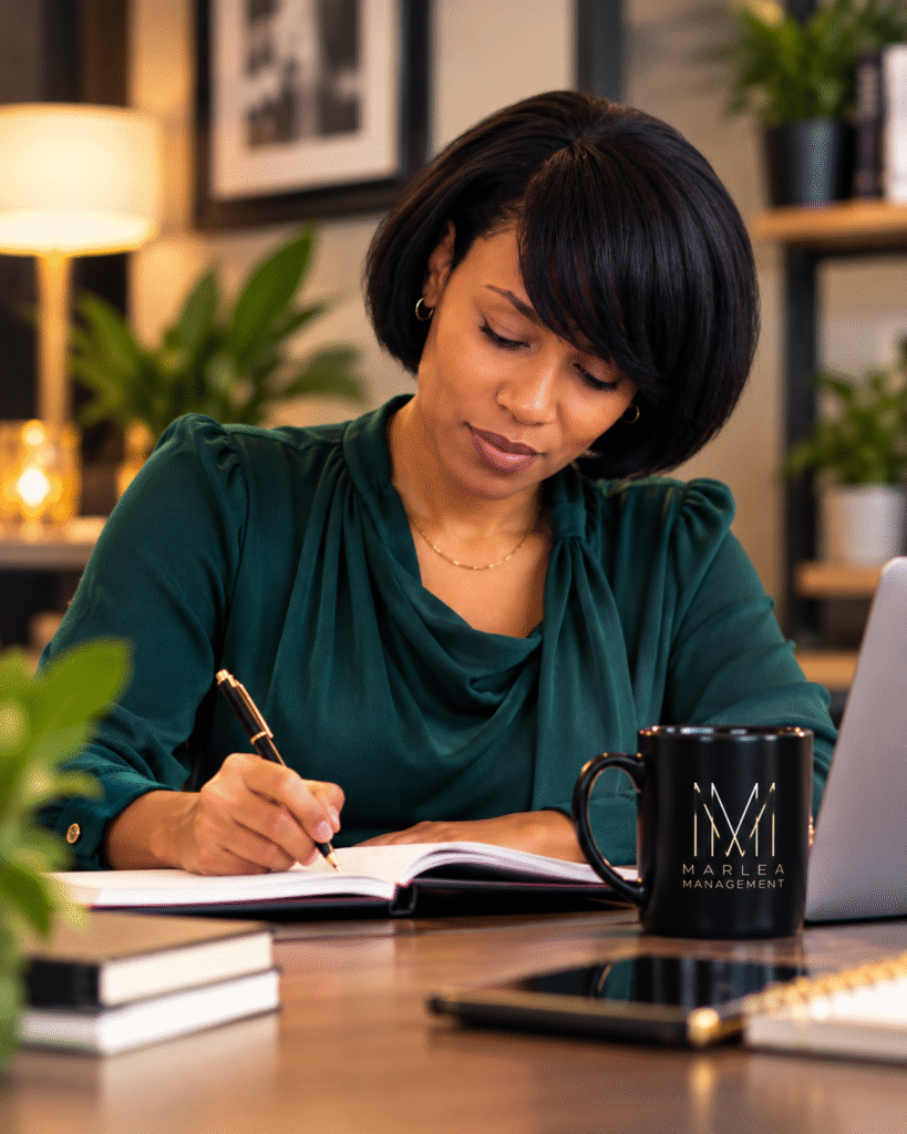 focused workspace portrait with branded mug
